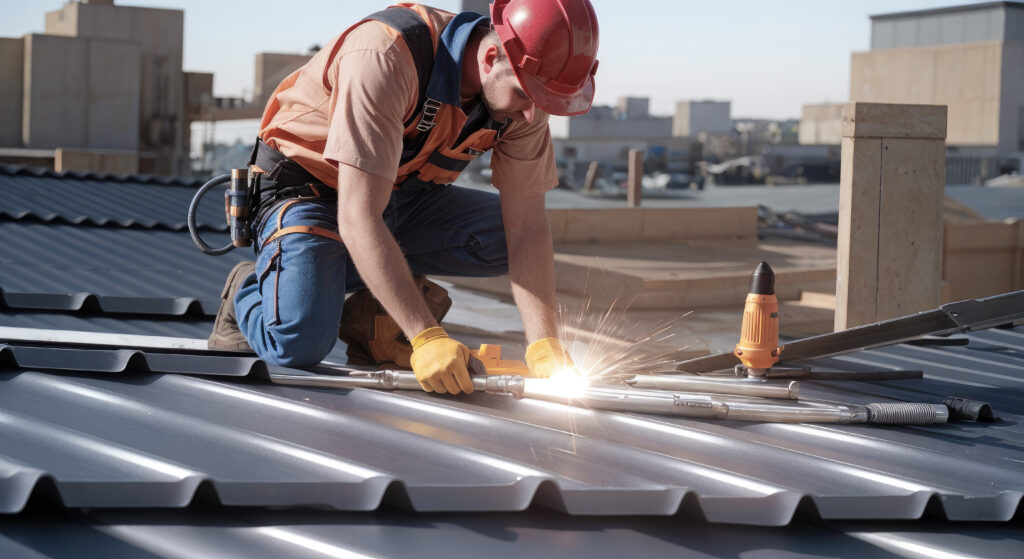 Roofer worker Installing new steel roof. welding on roof. New roof installation. handyman repairing roof with coworker. Roofer worker in special protective work wear and gloves